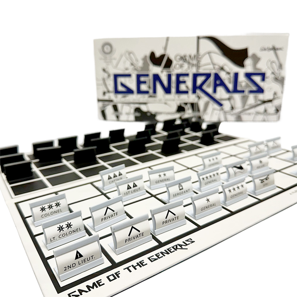 Game of the Generals -strategiapeli, jossa mustia ja valkoisia pelinappuloita. Suosittu pöytäpelit-tuote.