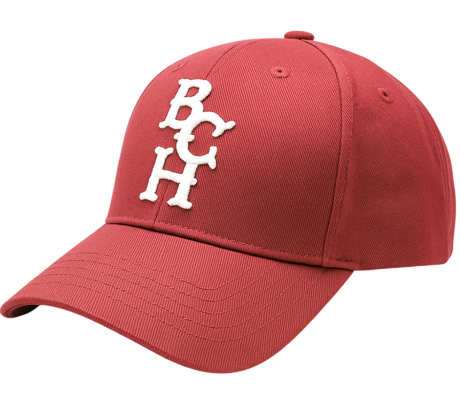 Punainen Bench Baseball-lippis, päähine jossa valkoinen BCH-logo edessä.