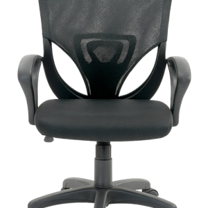 Black ergonomic mesh office chair with adjustable armrests and a five-wheel base, shown from the front.
