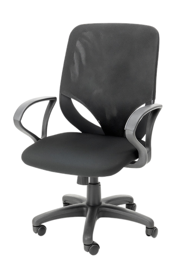 Svart ergonomisk arbeidsstol med nett, justerbar rygg og hjul, ideell for kontorbruk.