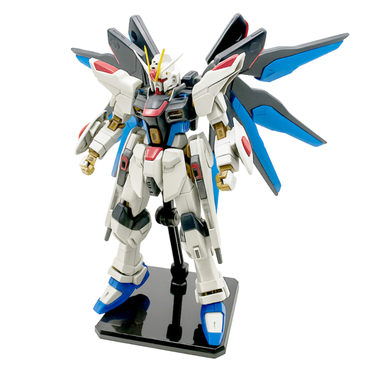 Gundam Strike Freedom figuriini telineellä, yksityiskohtainen keräilyhahmo tuotesivulla.