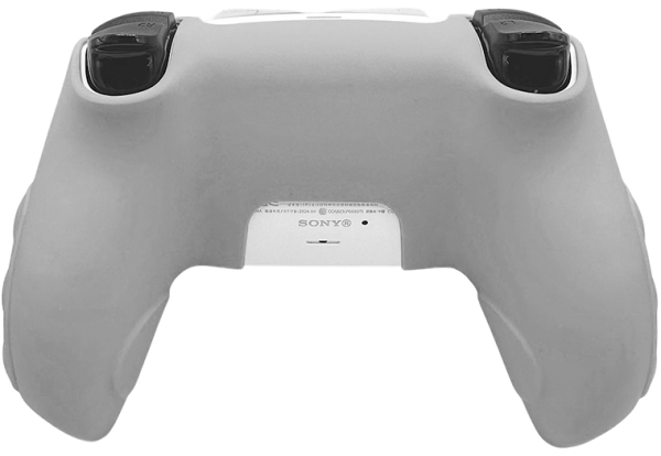 Baksiden av en hvit PS5 controller med synlige triggere, vist på produktside.
