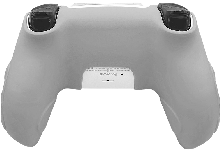 PS5 ohjain Gigantti – PlayStation 5 -peliohjain takaa, mustavalkoinen design.