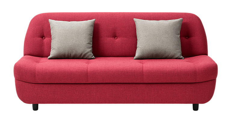 Red modern couch with two gray pillows, perfect for living rooms. Shop stylish couches to enhance your home decor.