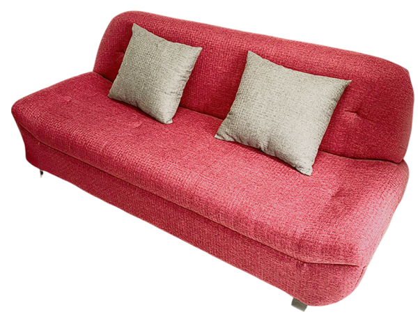 Crvena moderna sofa s dvama sivim jastucima, idealan namještaj za dnevni boravak