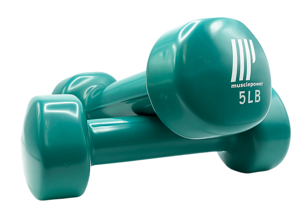 Zelene Muscle Power bučice od 5 lb kao sportska oprema za vježbanje na proizvodnoj stranici.