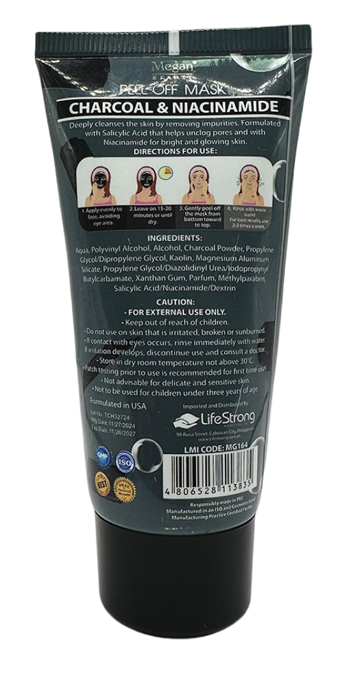 Megan Aktiivihiili Peel-Off Naamio kasvojen puhdistustuotteet, tuubin takaosassa käyttöohjeet ja ainesosat.