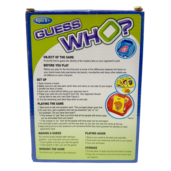 GuessWho-spillboks bakside med reglene synlig, ideell for familier og barn fra 6 år.