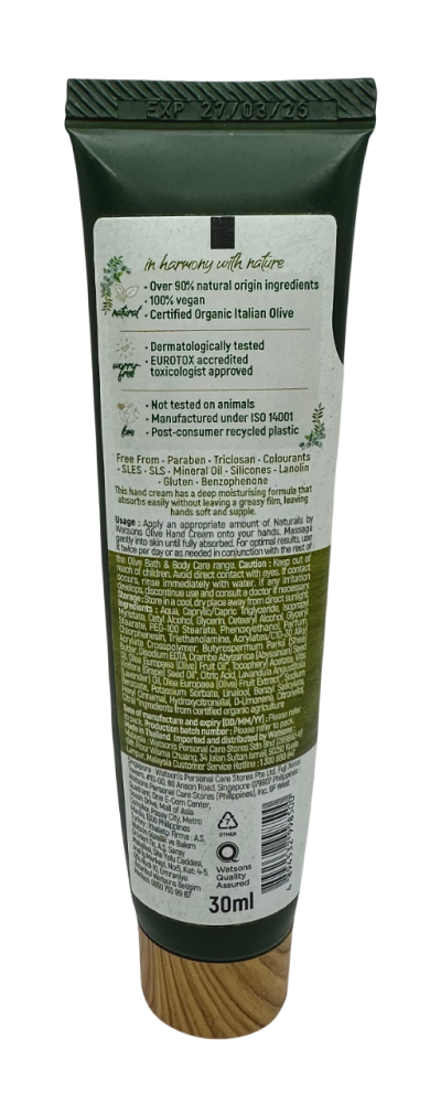 Paras käsivoide: Naturals Oliivi Käsivoide 30 ml, luonnolliset ainesosat ja ekologinen pakkaus.