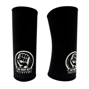 Pair of black One More Rep Fitness kneepads with a fist logo displayed on the front.