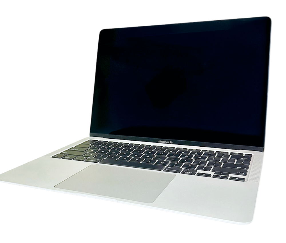 Tietokone Mac Air auki, hopeinen runko ja musta näppäimistö, tuotesivu.