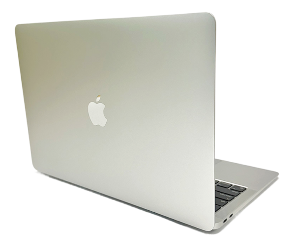 Ordinateur portable Apple MacBook Air argenté, vu de dos, logo Apple visible.