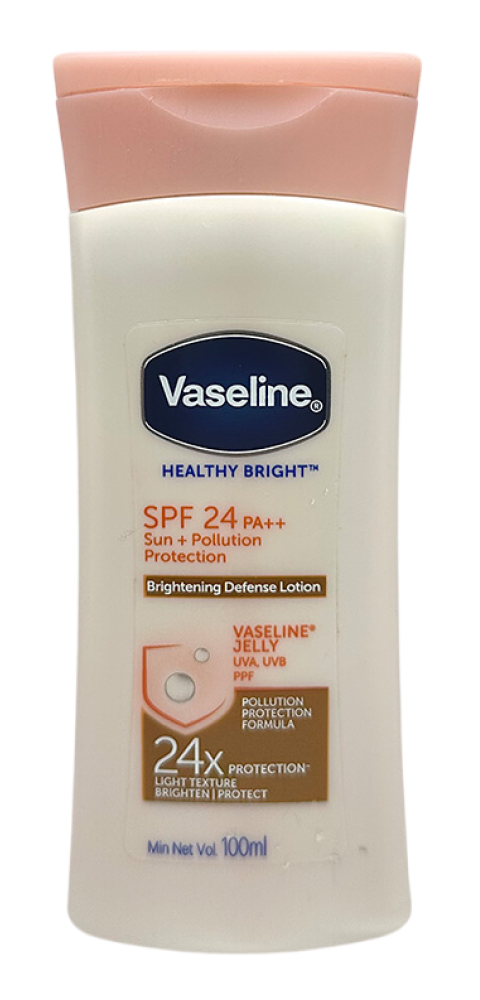 Vaseline Healthy Bright SPF24 aurinko voide, vartalovoide kirkastavalla ja UV-suojalla, 100 ml pullo.