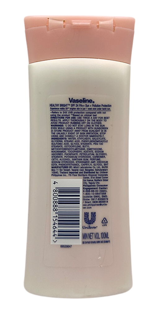 Vaseline Healthy Bright Spf24 vartalovoide, aurinko voide 100ml, tuotteen takapuoli ja ainesosat näkyvissä.