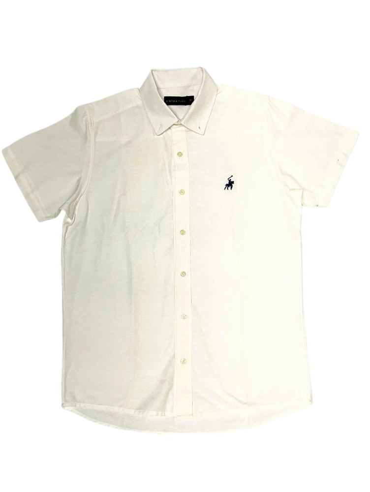 Valkoinen miesten puuvillapaita, lyhythihainen, British Polo -merkin logo rintamuksessa.