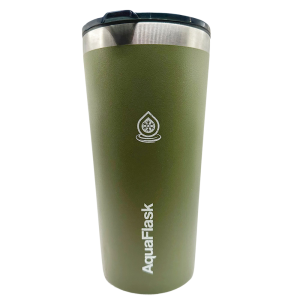 Olive green Aquaflask insulated cup, a coffee travel mug with lid, shown on a white background.