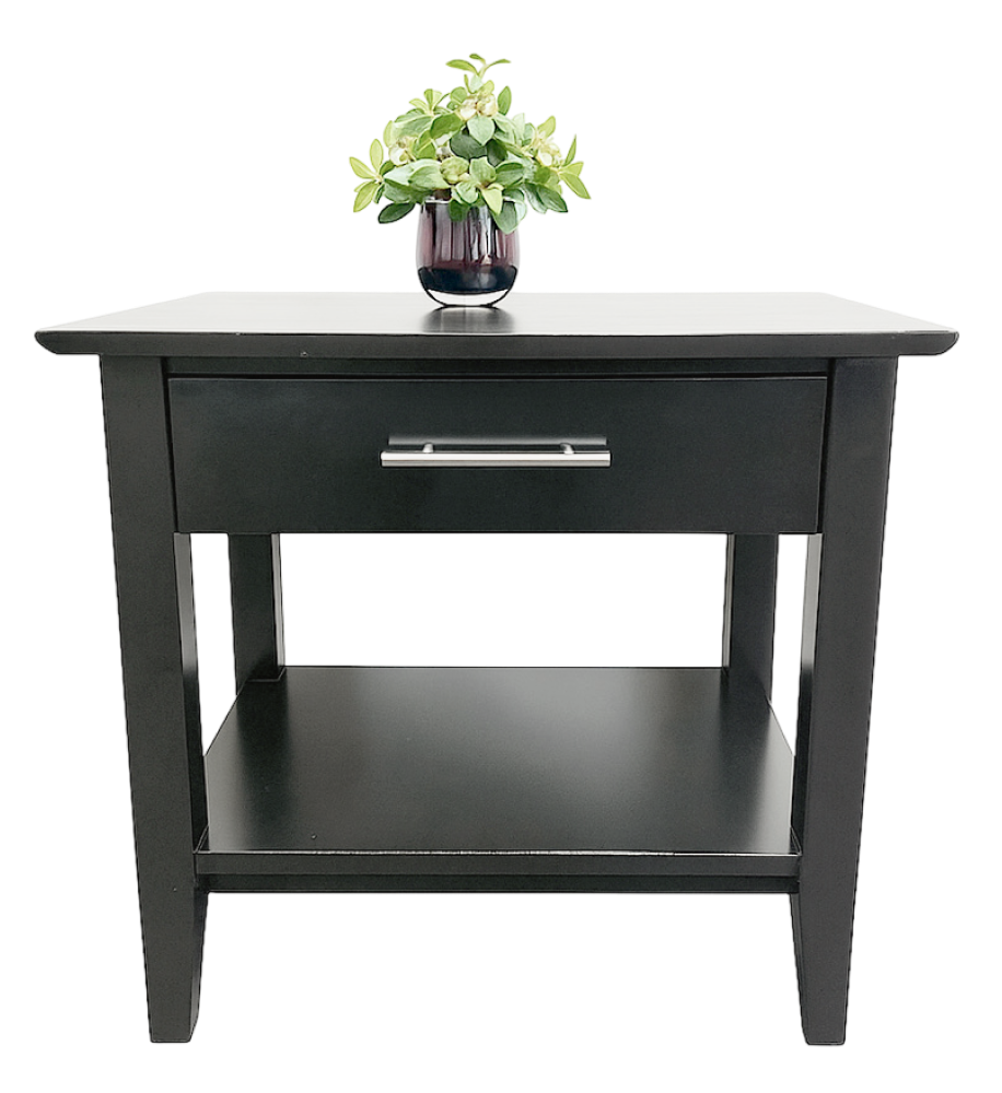 Sutton Black End Table with drawer and shelf, modern side tables for living room or bedroom decor.