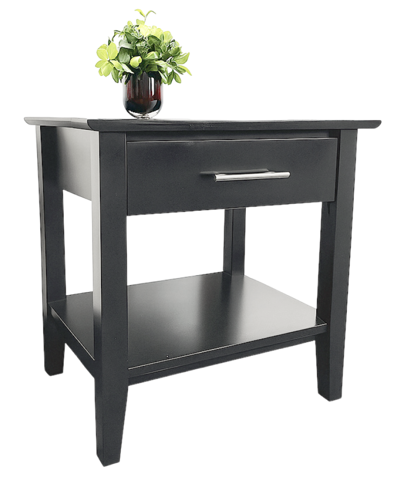 Sutton Black End Table with drawer and bottom shelf, perfect for modern side tables in living rooms or bedrooms.