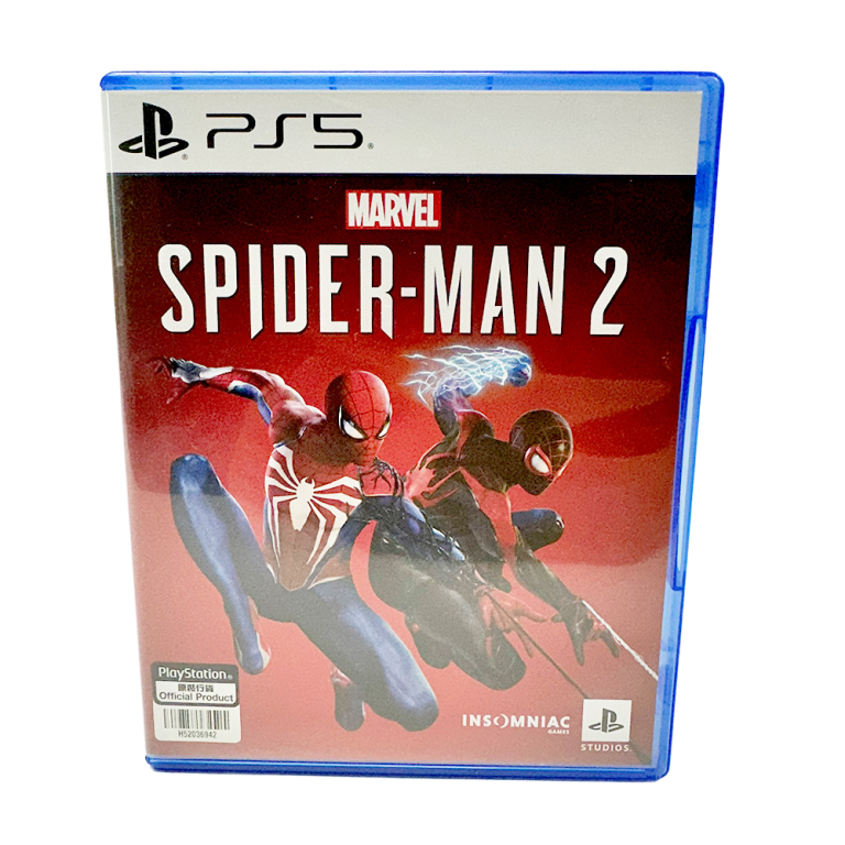 PS5 pelit: Marvel's Spider-Man 2 -pelin kansi, jossa kaksi Hämähäkkimiestä toiminnassa.