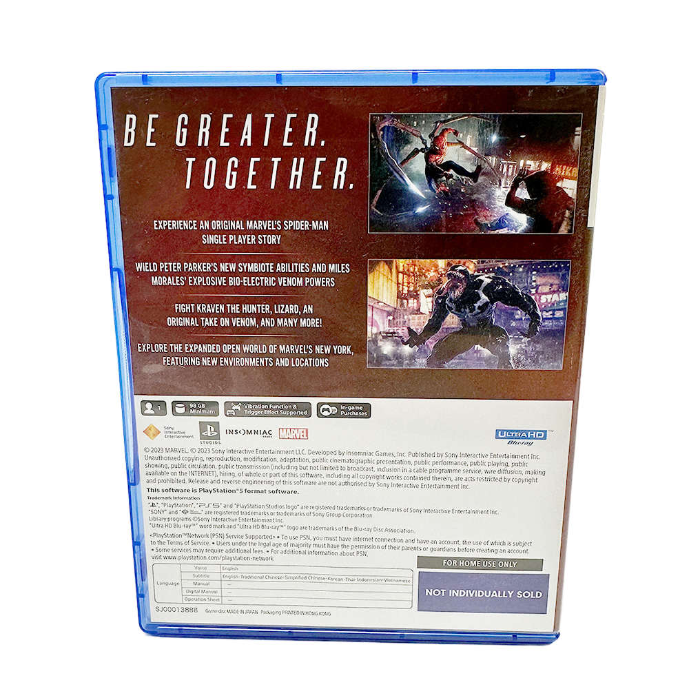 PS5 pelit: Marvel's Spider-Man 2 -pelikotelo, takakansi ja pelin tärkeimmät ominaisuudet esillä