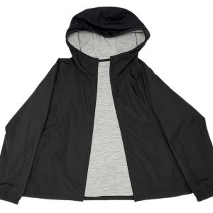 Uniqlo vendbar parka med svart utside og grå innside, hette og glidelås, lagt flatt mot hvit bakgrunn.