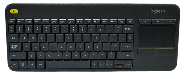 Logitech K400 wireless keyboard with touchpad mouse, compact design, built-in navigation for easy control.