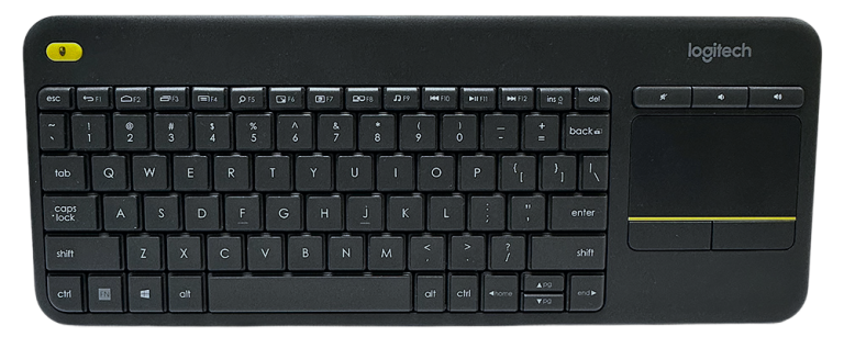 Logitech K400 langaton näppäimistö, integroitu kosketuslevy oikealla ja kompakti muotoilu.
