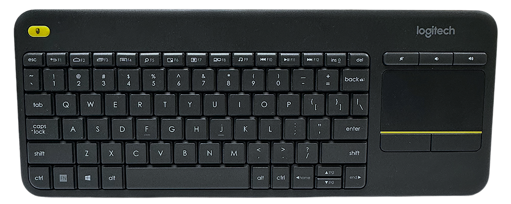 Logitech K400 langaton näppäimistö, integroitu kosketuslevy oikealla ja kompakti muotoilu.