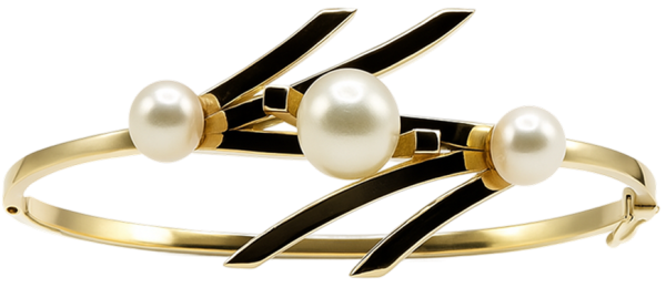 Gold bangle bracelet featuring three white pearls and black enamel accents in a modern, elegant design.