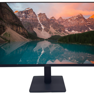 Modern desk with monitor stand, featuring a widescreen display showing a mountain lake landscape.