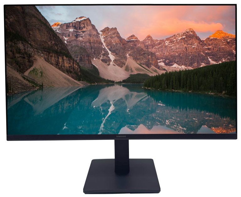 Samsung Essential Monitor S3 24”, Full HD IPS -monitori maisemakuva näytöllä.