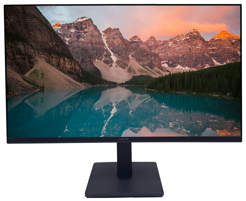 Samsung Essential Monitor S3 24”, Full HD IPS -monitori maisemakuva näytöllä.