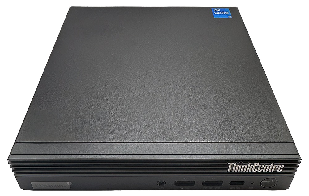 Lenovo ThinkCentre M70q Gen 5 pöytätietokone, edestä katsottuna, musta kompakti runko.