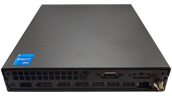 Vue arrière du Lenovo ThinkCentre M70q Gen 5 montrant les ports de connexion du PC de bureau.