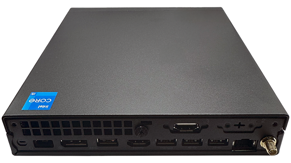 ThinkCentre M70q Gen 5 pöytätietokoneen takaliitännät, useita USB-portteja ja HDMI-liitäntä.