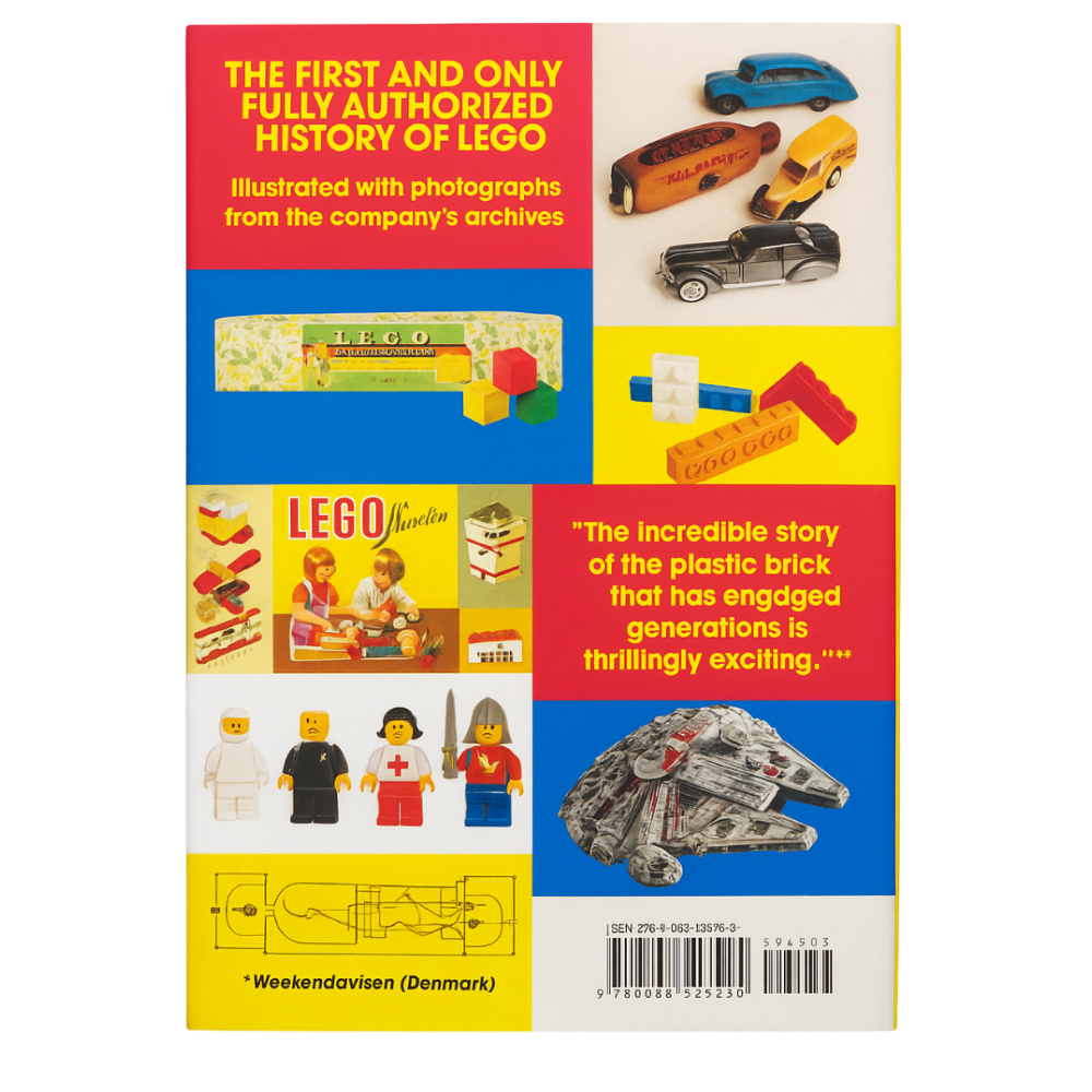 The LEGO Story -tietokirjan takakansi, jossa kuvia Legon historiasta ja lainauksia arvosteluista.