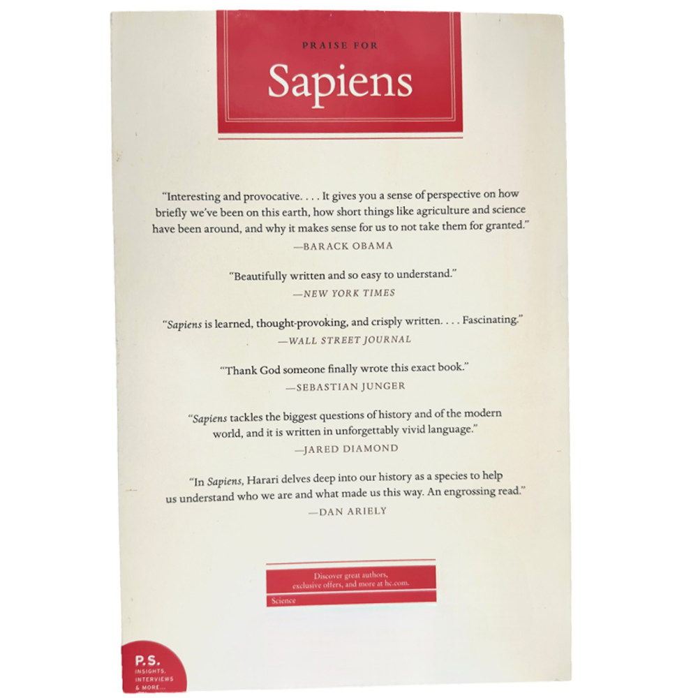 Sapiens-tietokirjan takakansi, jossa arvosteluja ja suosituksia teoksesta.