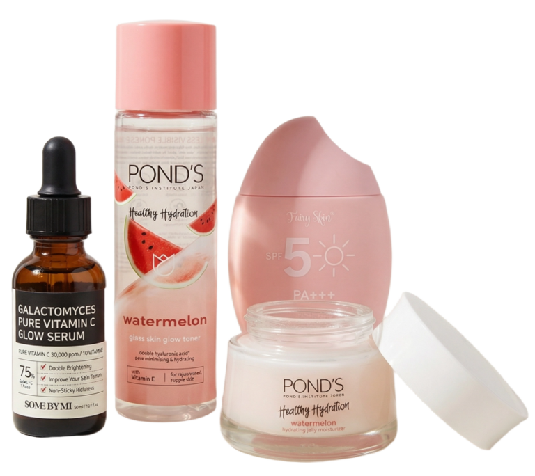 Daily skincare routine products including face mask, serum, toner, sunscreen, and moisturizer on white background.