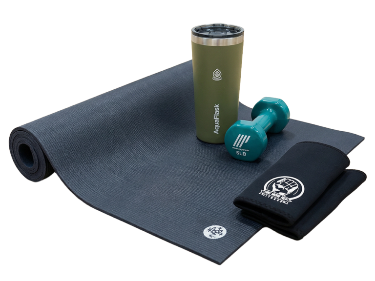 Digital product bundle featuring a yoga mat, tumbler, dumbbells, and towel for gym and workout sessions.