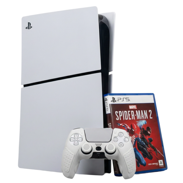 PS5 gaming bundle with white console, controller, and Marvel's Spider-Man 2 game case displayed in front.