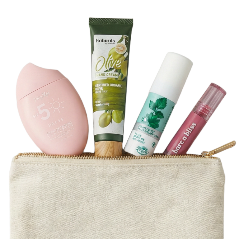 Travel pouch with sunscreen, hand cream, face mist, and lip balm for essential on-the-go skincare.