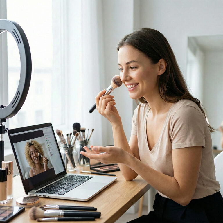 Woman taking an online makeup class, applying makeup while following a virtual lesson on her laptop.