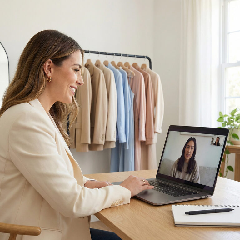 Virtual personal styling consultation focused on closet organization, with clothes neatly arranged in the background.