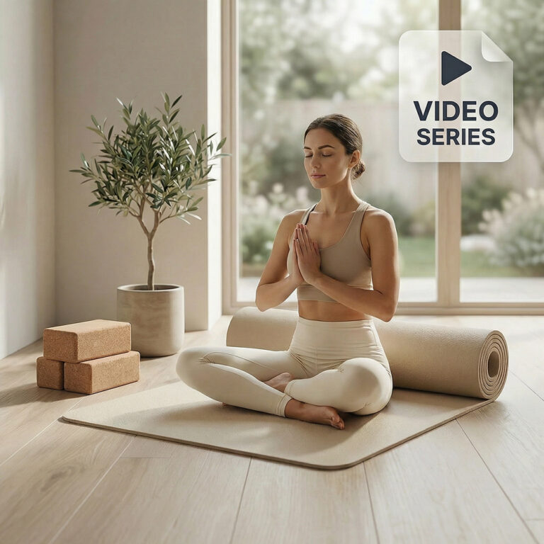Woman practicing yoga indoors with mat and blocks, promoting Yoga for Beginners wellness DVD video series.