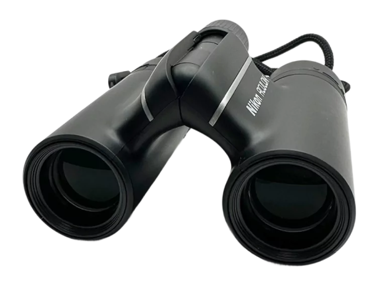 Black Nikon Aculon T01 Binoculars viewed from the front, showing both lenses and compact design.
