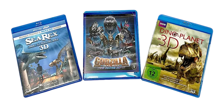 Tre Blu-ray covers med dinosaurtema, herunder “Der Dino Planet 3D”, på en produktside for Dinosaur Blu-ray.