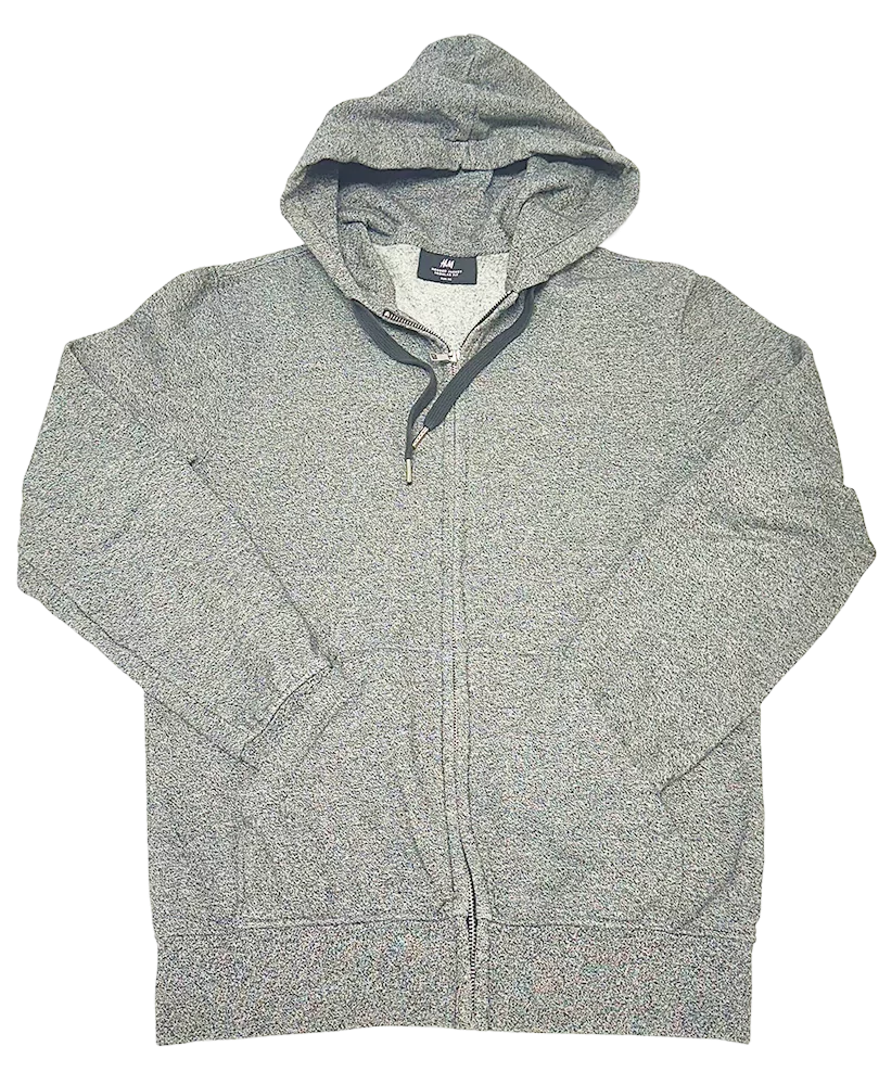 Sweat à capuche zippé gris H&M pour homme, affiché à plat avec fermeture éclair visible et poches devant.