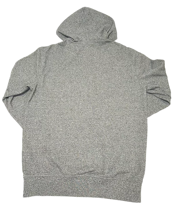 Sweat à capuche zippé gris H&M vu de dos, tissu chiné, sans détails apparents.