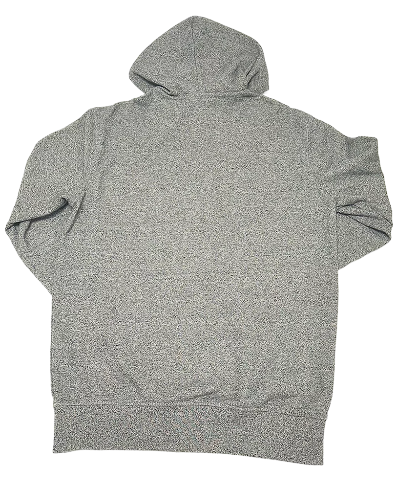 Sweat à capuche zippé gris H&M vu de dos, tissu chiné, sans détails apparents.