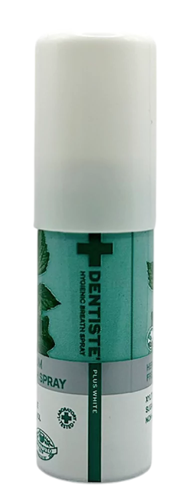 Dentiste Plus Breath Spray bottle with mint leaf design on a green and white label.